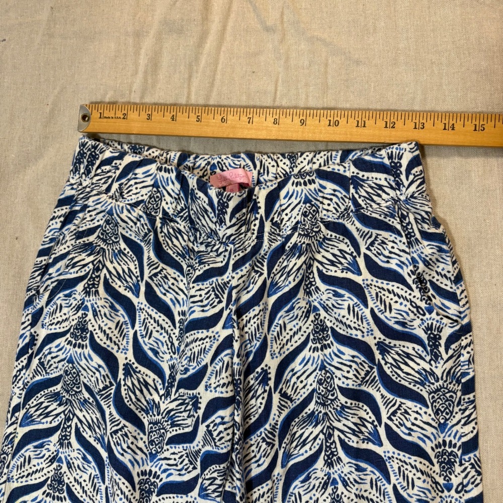 Lilly Pulitzer Palm Print Wide Leg Linen Pants XS Blue White Casual Beach Resort - Picture 2 of 8